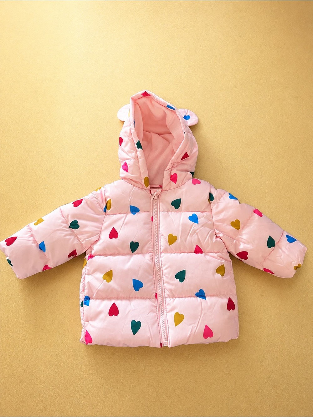 Toddler Girls Pink Heart Print Puffer Jacket | Size 12–18 Months